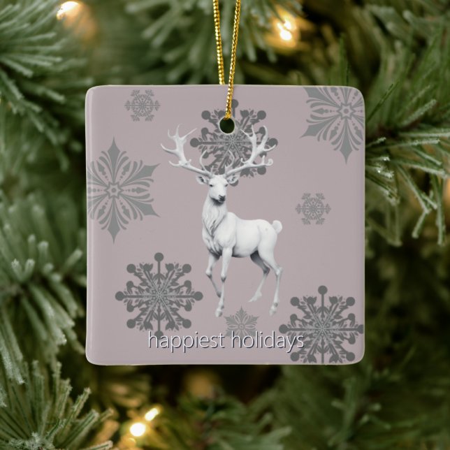 Ivory Reindeer Weihnachten | Rosa Foto Keramikornament (Baum)