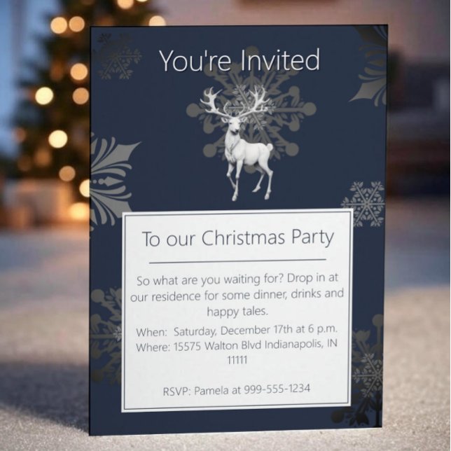 Ivory Reindeer Weihnachtsfest Party | Blau Einladung (Blue Ivory Reindeer Christmas Party Invitation)