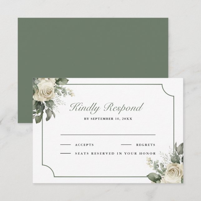 Ivory Rose Sage Green Floral Wedding RSVP Karte (Vorne/Hinten)