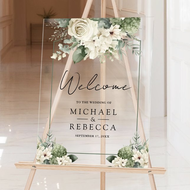 Ivory Rose Sage Green Floral Wedding Welcome Acrylschild (Von Creator hochgeladen)