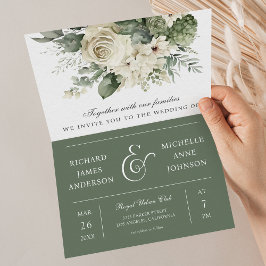 Ivory Roses Sage Green Floral QR Code Wedding Einladung
