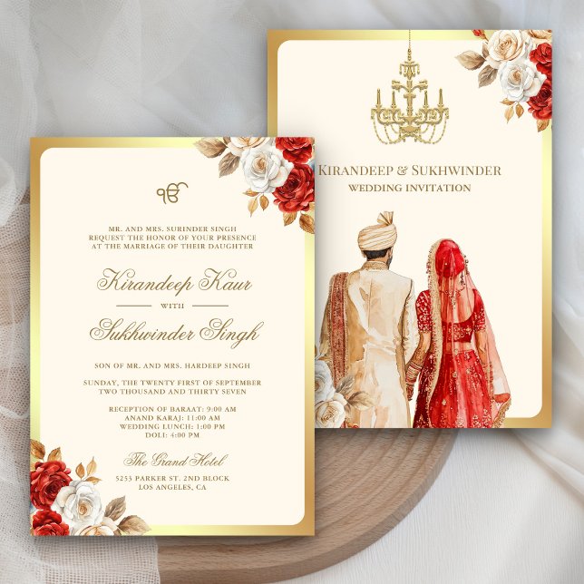 Ivory Rote Rosen Floral Anand Karaj Sikh Wedding Einladung (Von Creator hochgeladen)