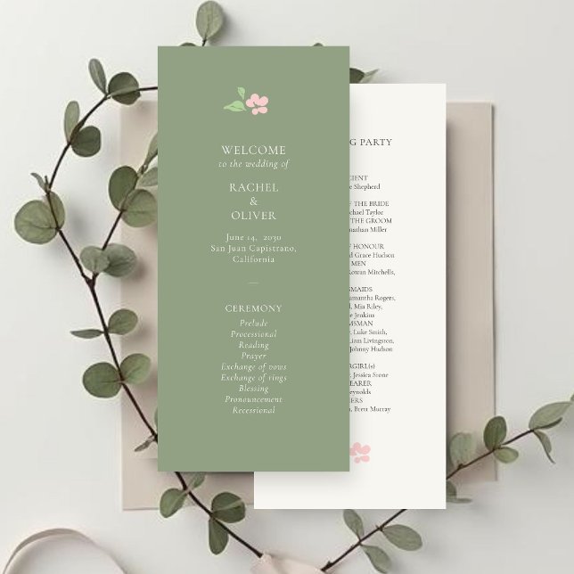 Ivory & Sage | Chic Rosafarbenes Florales Hochzeit Programm (Von Creator hochgeladen)