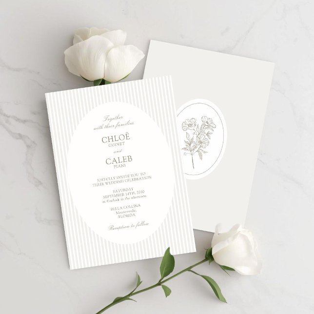 Ivory & Sand | Botanischer ovaler Hochzeitsstreife Einladung (Von Creator hochgeladen)