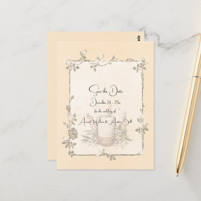 Ivory Shiny Elegant Sparkly Save the Date Postkarte (Vorderseite/Rückseite Beispiel)