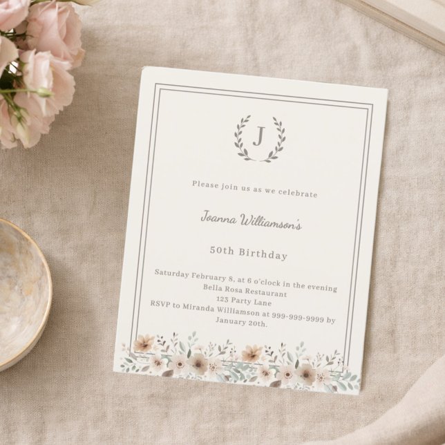 Ivory taupe monogram wreath birthday invitation (Von Creator hochgeladen)