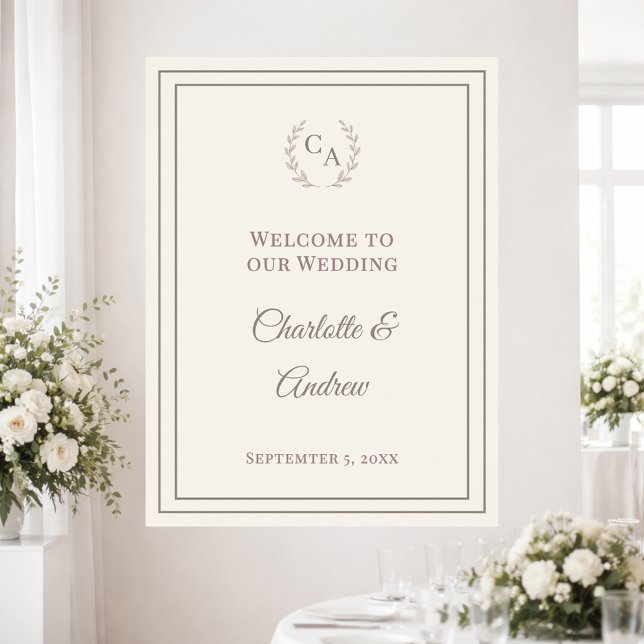 Ivory taupe monogrammed elegant wedding welcome poster (Von Creator hochgeladen)