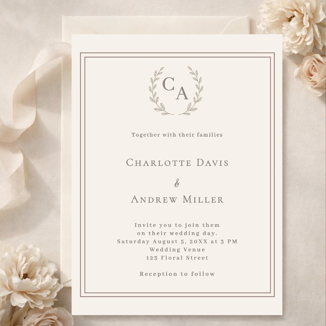 Ivory taupe wreath monogrammed wedding invitation (Von Creator hochgeladen)