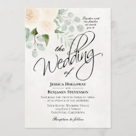 Ivory Watercolor Rose & Eucalyptus Boho Wedding Einladung