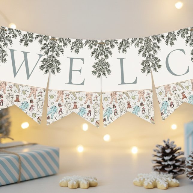 Ivory Welcome Baby Weihnachts Winter Baby Dusche Wimpelkette (Winter Christmas Baby Shower Bunting Flags. Cute Baby Pajamas, Penguin, Teddy Bear, Reindeer & Pine)