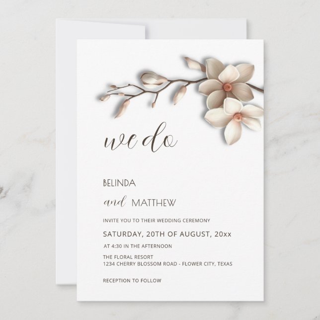 Ivory White 3D Magnolia Flower Wedding Einladung (Vorderseite)