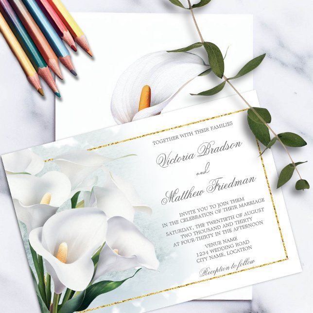 Ivory White Calla Lily Wedding Einladung (Watercolor ivory white Calla Lily wedding invitation with gold foil look frame.)