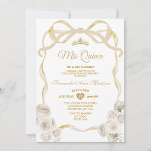 Ivory White Floral Bow Ribbon Gold Mis Quince Einladung