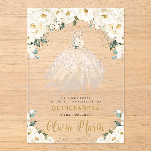 Ivory White Floral Champagne Dress Quinceañera Acryleinladungen (Vorderseite)