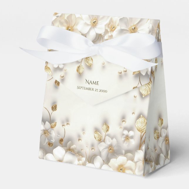 Ivory White Floral Gold Blätter Gefälligkeitsbox Geschenkschachtel (Vorderseite)