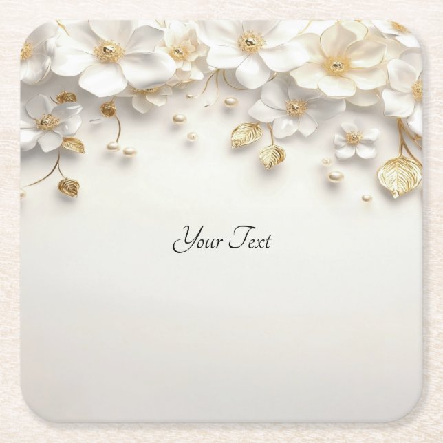 Ivory White Floral Gold Blätter Paper Untersetzer (Vorderseite)