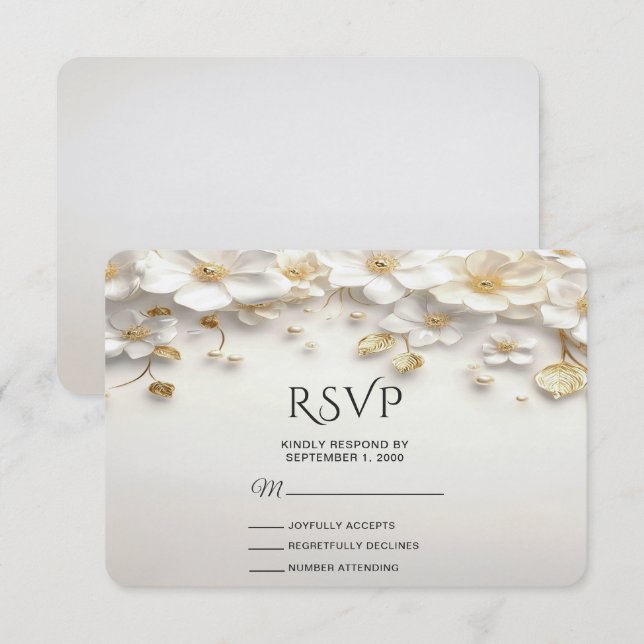 Ivory White Floral Gold Blätter RSVP Card Karte (Vorne/Hinten)