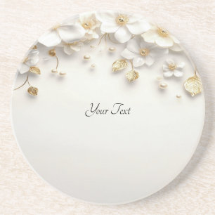 Ivory White Floral Gold Blätter Sandstone Unterset Getränkeuntersetzer