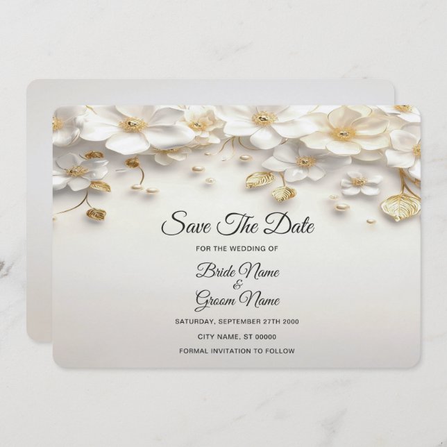 Ivory White Floral Gold Blätter Save the Date (Vorne/Hinten)