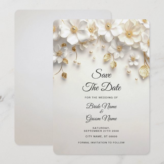 Ivory White Floral Gold Blätter Save the Date (Vorne/Hinten)