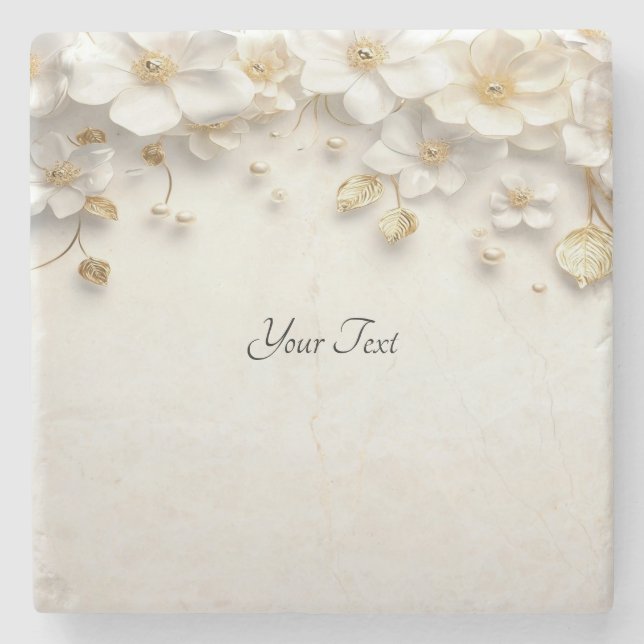 Ivory White Floral Gold Blätter Stone Untersetzer (Vorderseite)