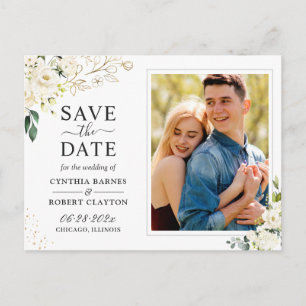 Ivory White Floral Gold Foto Save the Date Postkarte