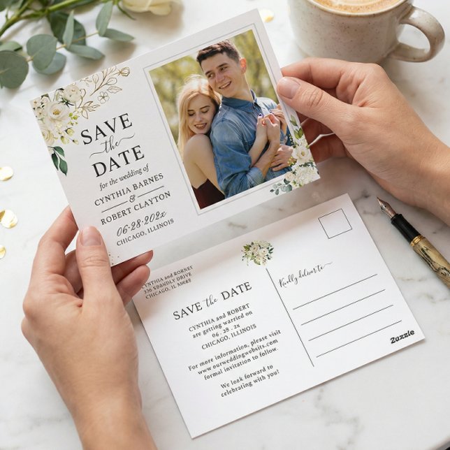 Ivory White Floral Gold Foto Save the Date Postkarte (Von Creator hochgeladen)