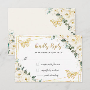 Ivory White Floral Gold Quinceñera Prinzessin Antw RSVP Karte
