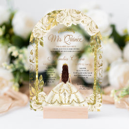 Ivory White Floral Princess Gold Arch Quinceanera Acryleinladungen