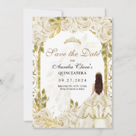 Ivory White Floral Princess Gold Arch Quinceanera Ankündigung