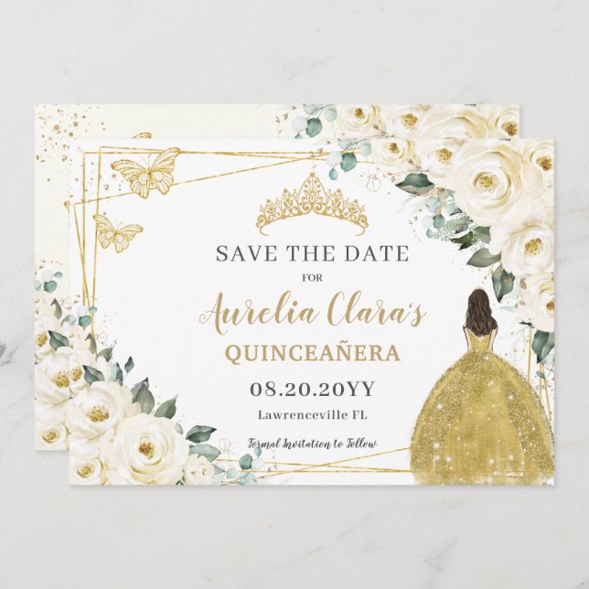 Ivory White Floral Quinceanera Sweet 16 Prinzessin Save The Date (Vorne/Hinten)