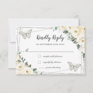 Ivory White Floral Silver Quinceañera Butterfliege RSVP Karte