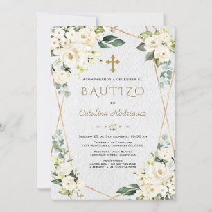 Ivory White Floral Spanish Invitacion De Bautizo Einladung