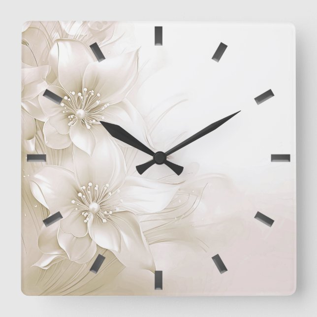 Ivory White Flowers Wall Clock Quadratische Wanduhr (Vorderseite)