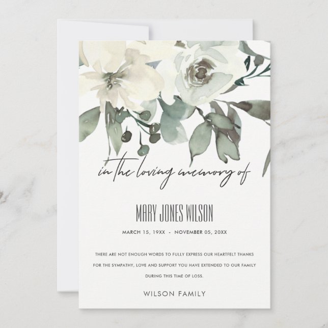 IVORY WHITE GREEN GRAY FLORAL BEILEID MEMORIAL DANKESKARTE (Vorderseite)