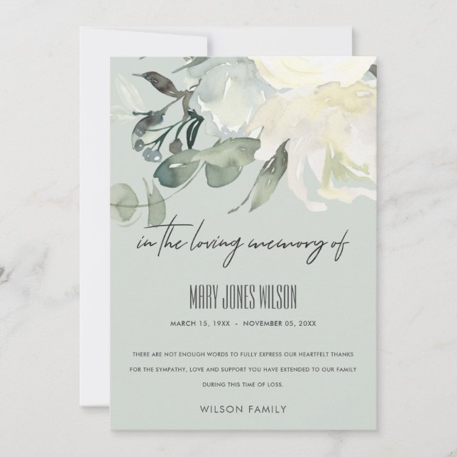 IVORY WHITE GREEN GRAY FLORAL BEILEID MEMORIAL DANKESKARTE (Vorderseite)
