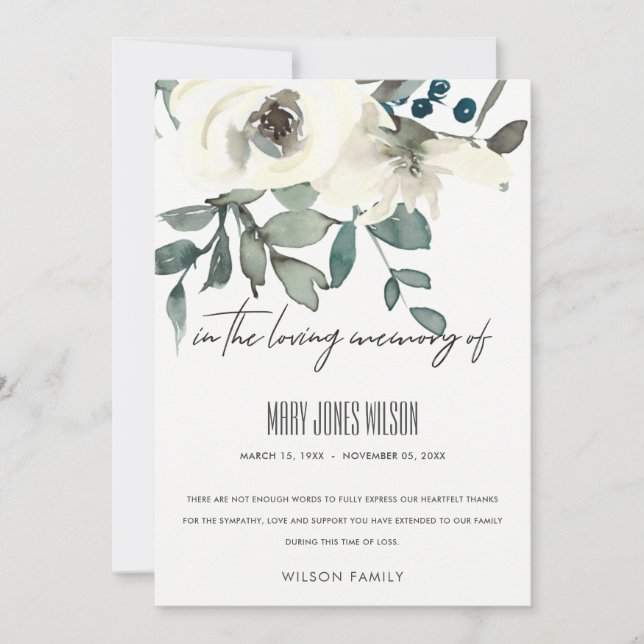 IVORY WHITE GREEN ROSE FLORAL BEILEID MEMORIAL DANKESKARTE (Vorderseite)