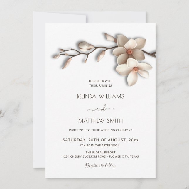 Ivory White Magnolia Textural Flower Wedding Einladung (Vorderseite)
