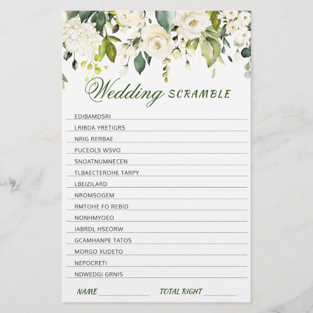 Ivory White Roses Greenerity Brautparty Game (Vorderseite)