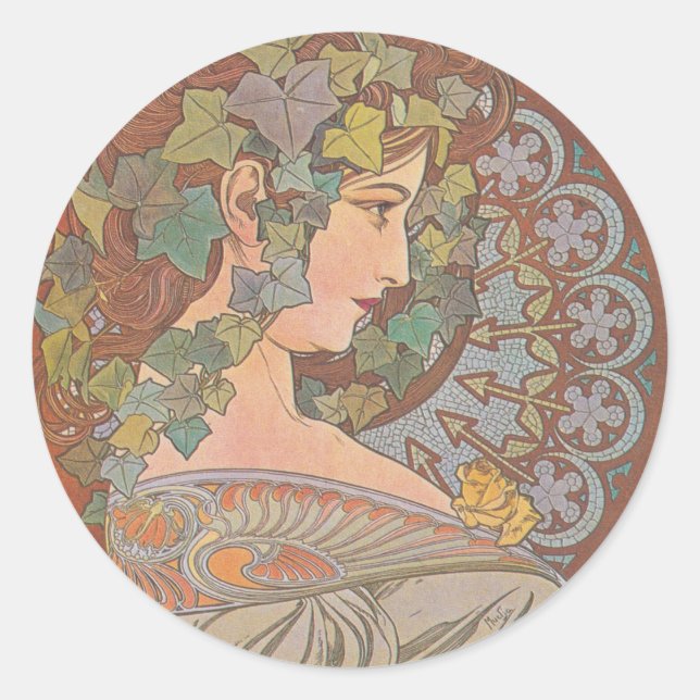 Ivy - Alphonse Mucha Runder Aufkleber (Vorderseite)