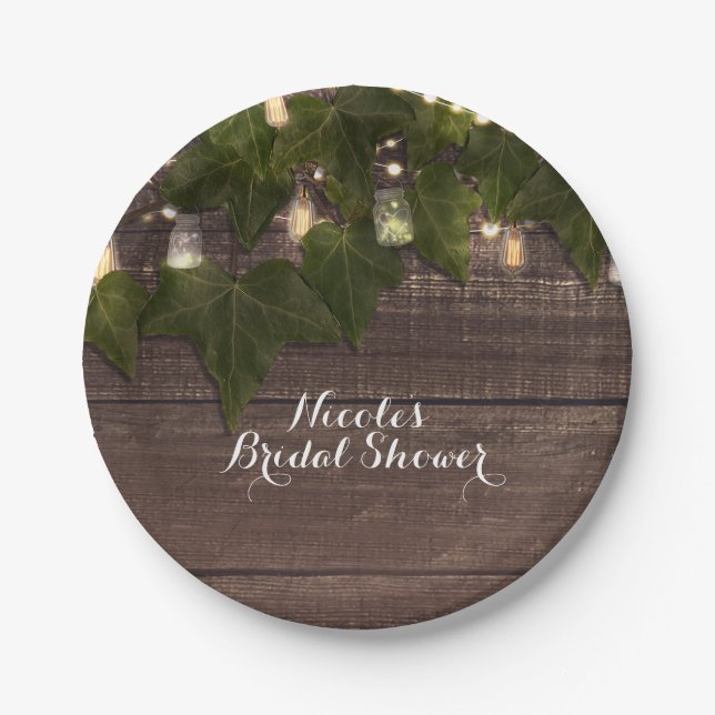 Ivy & String Lights Mason Jar Rustikaler Empfang Pappteller (Vorderseite)