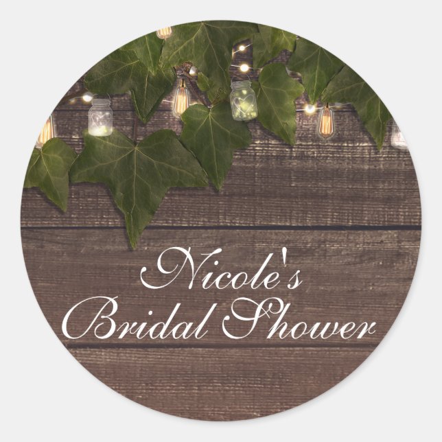Ivy & String Lights Mason Jar Rustikales Gastgesch Runder Aufkleber (Vorderseite)
