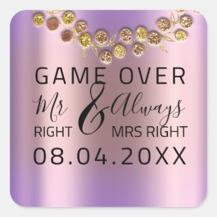 ìWedding Mr Right Mrs Right Game Over Wreath Quadratischer Aufkleber