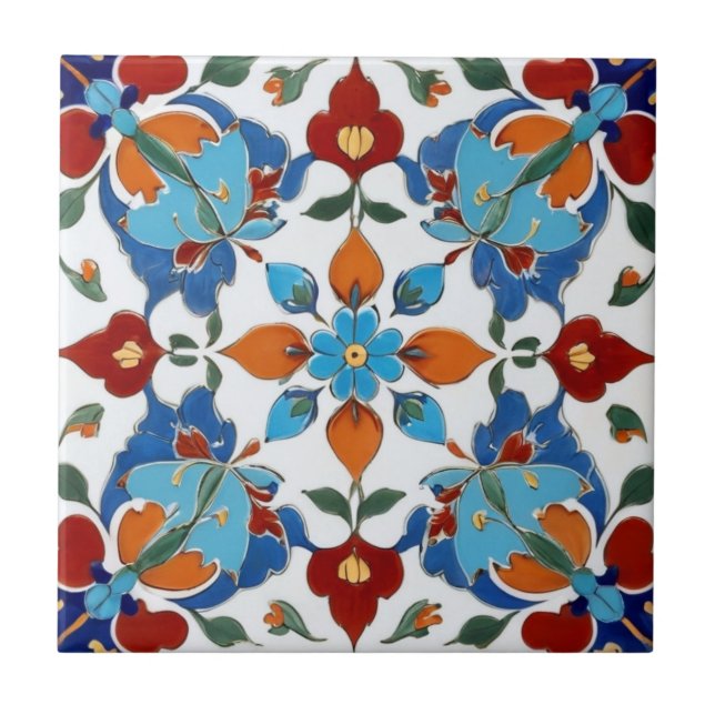 Iznik Türkische Blume Red Orange Blue White Floral Fliese (Vorderseite)