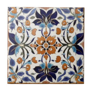 Iznik Türkisches Vintage Orange Blau Schwarz Flora Fliese