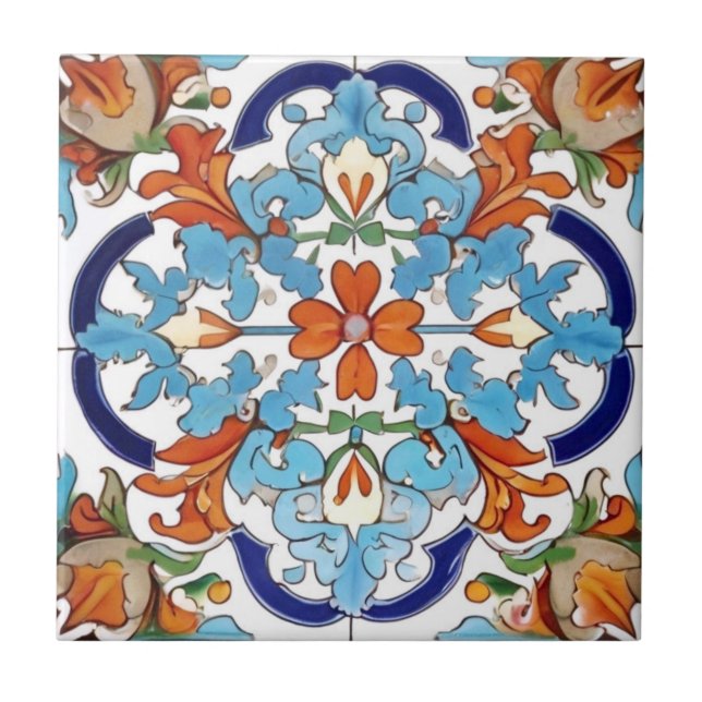 Iznik Turkish Floral Orange Red Blue Blume Fliese (Vorderseite)
