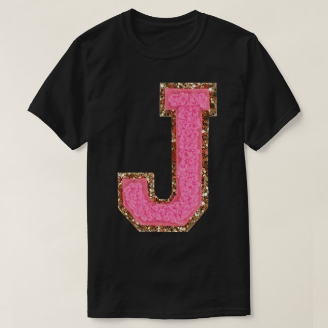 J - Bubblegum Glitzer Varsity Letter Patches Stick T-Shirt (Design vorne)