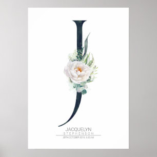 J Buchstabe Monogramm Weiße Blumen und Grün Poster