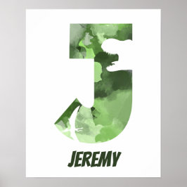 "J" Dinosaurier Watercolor Green Child's Name Post Poster