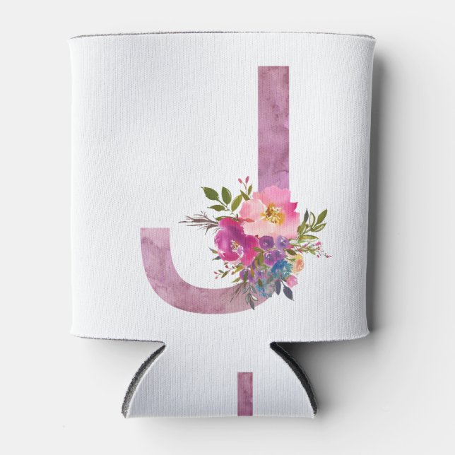 J, Floral Monogramm initial, Aquarellfarben-Blume Dosenkühler (Vorderseite)